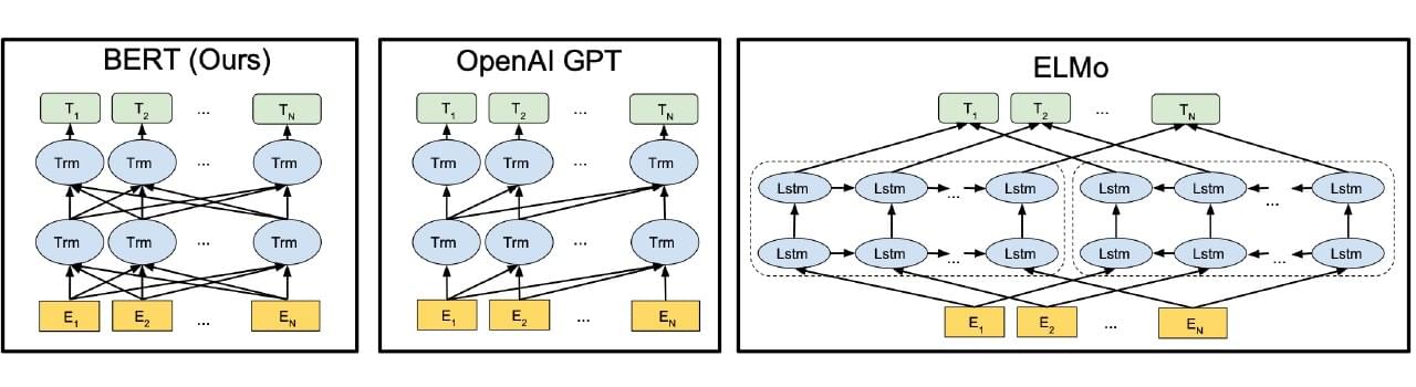 Comparison of bidirectional BERT, left-to-right GPT, and bidirectional LSTM ELMo