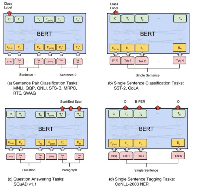 Four BERT downstream task heads: pairs, single sentences, spans, and token tags