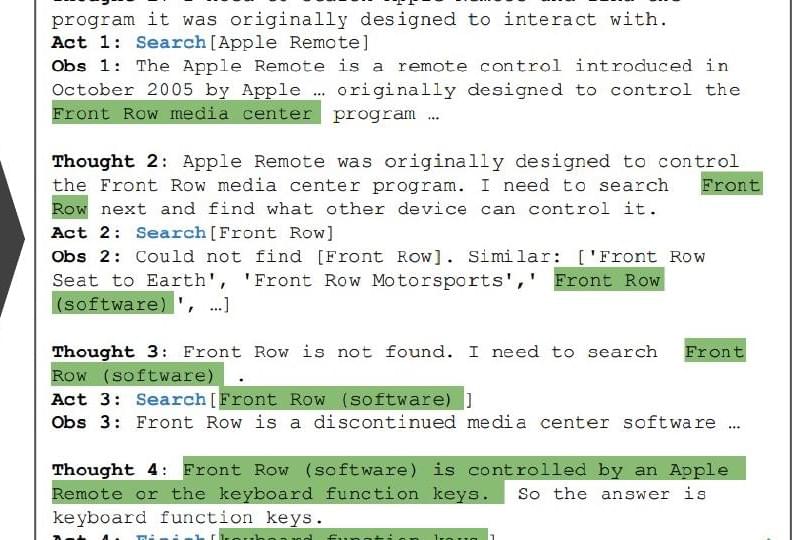 ReAct trace alternating thoughts, search actions, and observations