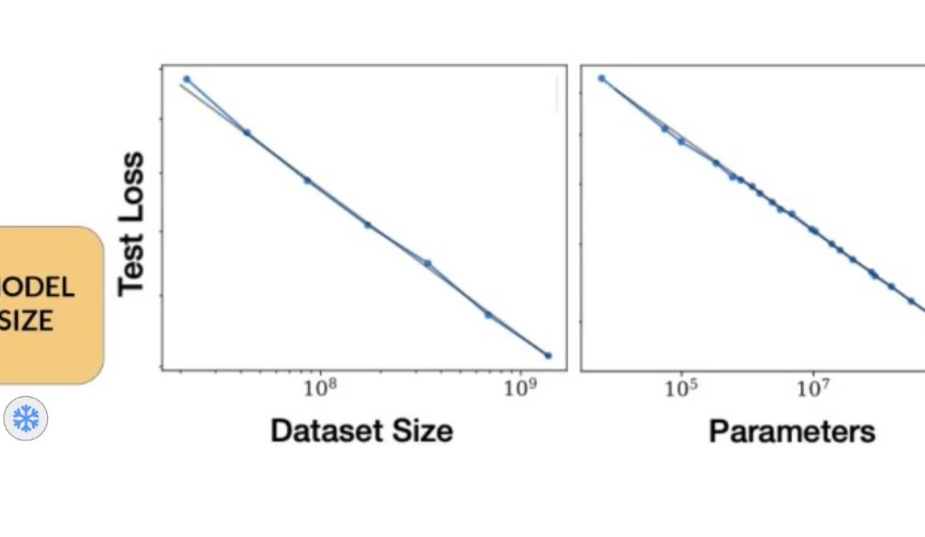 Power-law decrease in test loss as dataset size and parameter count increase