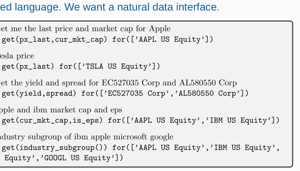 Three-shot Bloomberg Query Language generation example mapping natural-language financial requests to BQL expressions